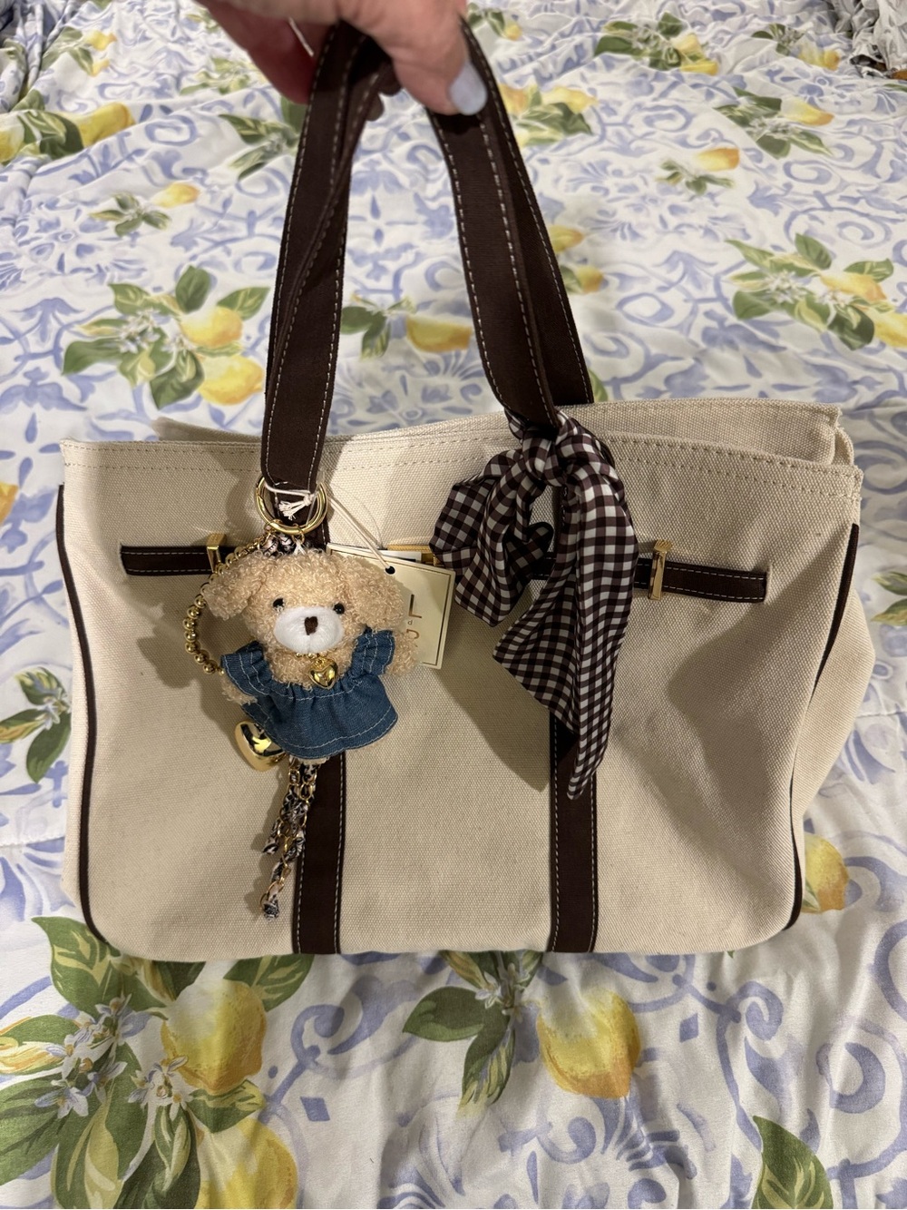 Boatkin Viral Canvas Tote Bag Cream and Brown Trim with Bear Charm Sol and Mer